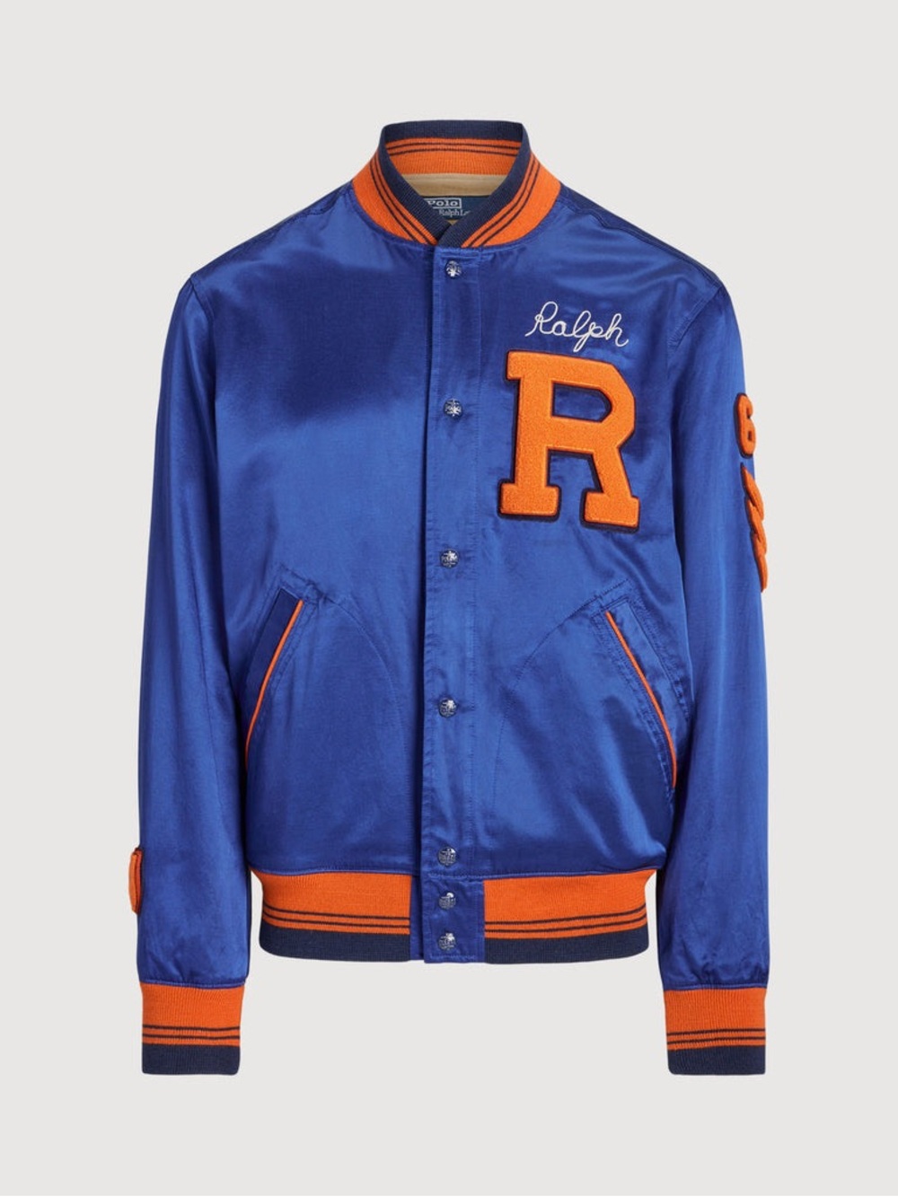 Ralph Lauren Royal Blue Satin Varsity Jacket with Orange Trim